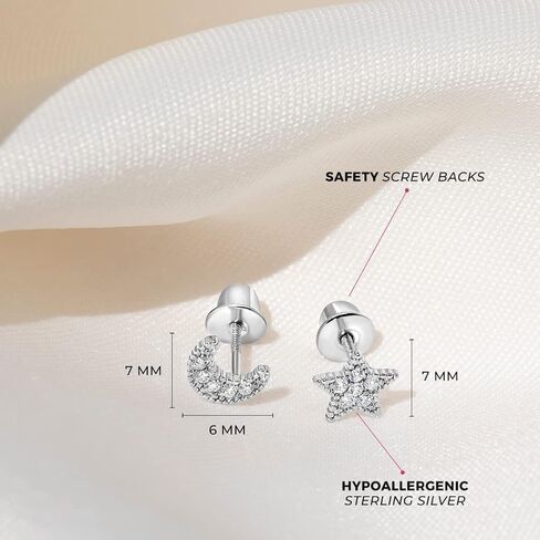 925 Sterling Silver Cubic Zirconia Moon & Star Screw Back Earrings For Girls and Teens - Screw Back Locking Excellent for Little Girls - Gorgeous CZ Cluster Star Earrings for Girls in Saudi Arabia