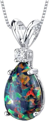 Peora 14K White Gold Created Black Opal with Genuine Diamond Pendant for Women, Elegant Teardrop Solitaire, Pear Shape, 10x7mm, 1 Carat total in Saudi Arabia