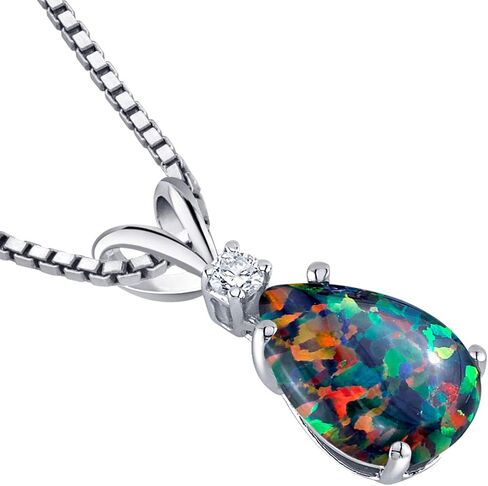 Peora 14K White Gold Created Black Opal with Genuine Diamond Pendant for Women, Elegant Teardrop Solitaire, Pear Shape, 10x7mm, 1 Carat total in Saudi Arabia