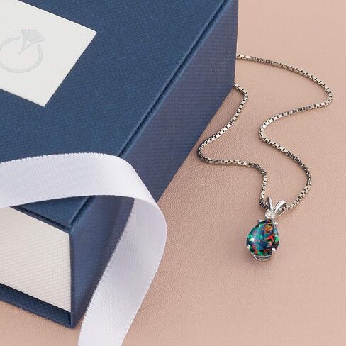 Peora 14K White Gold Created Black Opal with Genuine Diamond Pendant for Women, Elegant Teardrop Solitaire, Pear Shape, 10x7mm, 1 Carat total in Saudi Arabia