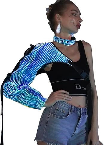 ملابس علوية نسائية من lumisonata بإبزيم علوي قصير بكتف واحد ملابس الهذيان مهرجان الموسيقى السوداء ملابس LED للنساء in Kuwait