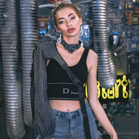 ملابس علوية نسائية من lumisonata بإبزيم علوي قصير بكتف واحد ملابس الهذيان مهرجان الموسيقى السوداء ملابس LED للنساء in Kuwait