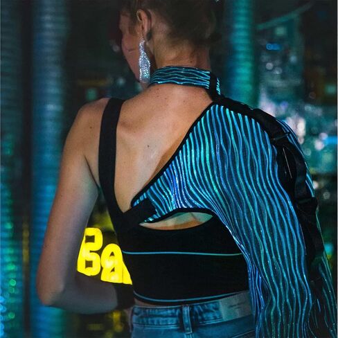 ملابس علوية نسائية من lumisonata بإبزيم علوي قصير بكتف واحد ملابس الهذيان مهرجان الموسيقى السوداء ملابس LED للنساء in Kuwait