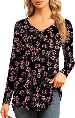 LAOLASI Womens Long Sleeve Tunic Tops V Neck Casual Dressy T Shirts Loose Fit Wear with Leggings Blouses Fall Tops for Women in Saudi Arabia
