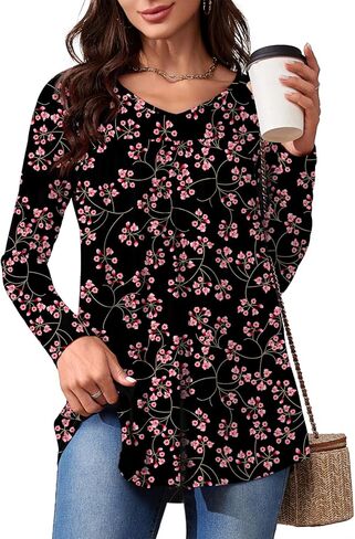 LAOLASI Womens Long Sleeve Tunic Tops V Neck Casual Dressy T Shirts Loose Fit Wear with Leggings Blouses Fall Tops for Women in Saudi Arabia