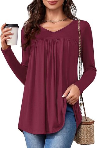 LAOLASI Womens Long Sleeve Tunic Tops V Neck Casual Dressy T Shirts Loose Fit Wear with Leggings Blouses Fall Tops for Women in Kuwait