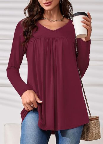 LAOLASI Womens Long Sleeve Tunic Tops V Neck Casual Dressy T Shirts Loose Fit Wear with Leggings Blouses Fall Tops for Women in Kuwait