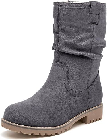VJH confort Women's Mid Calf Boots Slouchy Riding Combat Low Heel Fur Lined Winter Zipper Booties in Kuwait
