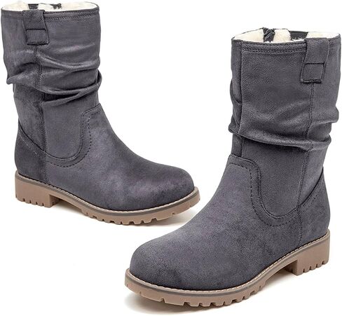 VJH confort Women's Mid Calf Boots Slouchy Riding Combat Low Heel Fur Lined Winter Zipper Booties in Kuwait