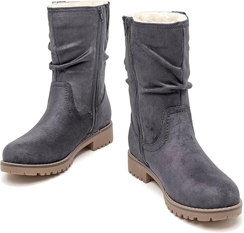 VJH confort Women's Mid Calf Boots Slouchy Riding Combat Low Heel Fur Lined Winter Zipper Booties in Kuwait