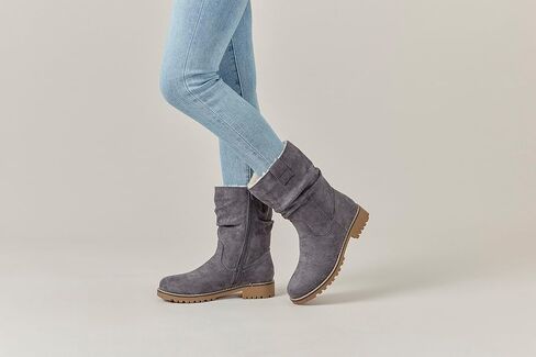 VJH confort Women's Mid Calf Boots Slouchy Riding Combat Low Heel Fur Lined Winter Zipper Booties in Kuwait