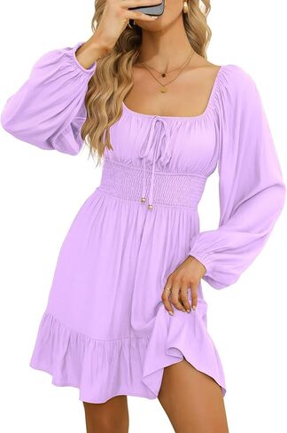 Dokotoo Womens Dresses Square Neck Long Puff Sleeve Elastic Waist A-Line Casual Mini Dress in Kuwait