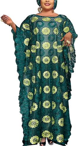 فستان قفطان نسائي عالي الدقة من الدانتيل بطول الأرض، فستان بوبو الأفريقي برقبة قارب، قفطان مقاس كبير in Kuwait