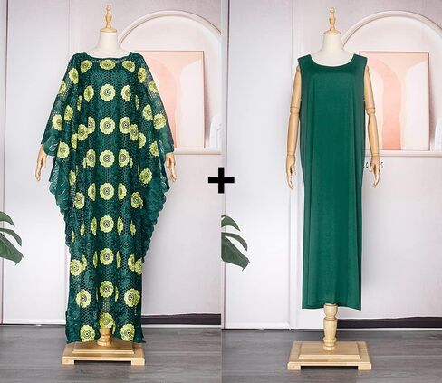 فستان قفطان نسائي عالي الدقة من الدانتيل بطول الأرض، فستان بوبو الأفريقي برقبة قارب، قفطان مقاس كبير in Kuwait