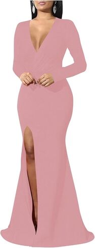 Women's Sexy Long Sleeve Wrap V Neck Bodycon Cocktail Party Maxi Dress in Kuwait