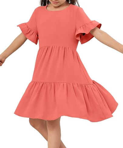 Geckatte Girls Dresses Summer Casual Floral Print Ruffle Short Sleeve Tiered Pleated Kids A-Line T-Shirt Dress Size 5-14 in Kuwait