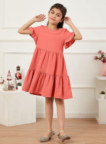 Geckatte Girls Dresses Summer Casual Floral Print Ruffle Short Sleeve Tiered Pleated Kids A-Line T-Shirt Dress Size 5-14 in Kuwait