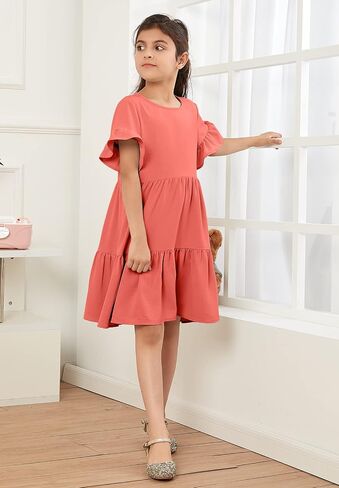 Geckatte Girls Dresses Summer Casual Floral Print Ruffle Short Sleeve Tiered Pleated Kids A-Line T-Shirt Dress Size 5-14 in Kuwait