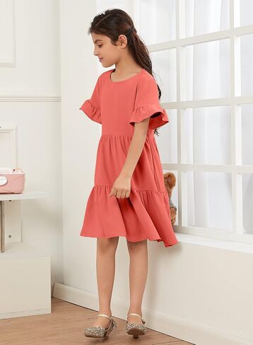 Geckatte Girls Dresses Summer Casual Floral Print Ruffle Short Sleeve Tiered Pleated Kids A-Line T-Shirt Dress Size 5-14 in Kuwait