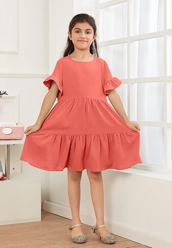 Geckatte Girls Dresses Summer Casual Floral Print Ruffle Short Sleeve Tiered Pleated Kids A-Line T-Shirt Dress Size 5-14 in Kuwait