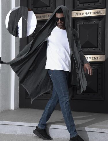 OYOZONE Men's Long Hooded Cardigan Ruffle Shawl Collar Open Front Lightweight Drape Cape Overcoat with Pockets in Saudi Arabia