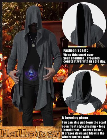OYOZONE Men's Long Hooded Cardigan Ruffle Shawl Collar Open Front Lightweight Drape Cape Overcoat with Pockets in Saudi Arabia