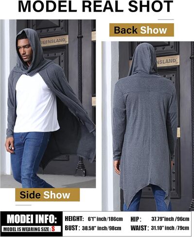 OYOZONE Men's Long Hooded Cardigan Ruffle Shawl Collar Open Front Lightweight Drape Cape Overcoat with Pockets in Saudi Arabia