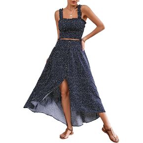 Umenlele Women's 2 Piece Outfit Polka Dot Printed Smoked Tank Crop Top Split Long Skirt Set in Saudi Arabia