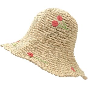 Feelorna Floral Straw Sun Hat, Packable Wide Brim Summer Beach Hat