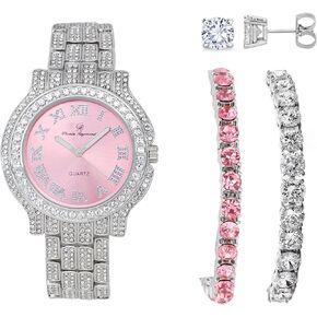 ساعة تشارلز ريموند للنساء مرصعة بالألماس بالكامل وسوار تنس وردي اللون - ST10327LA in Kuwait