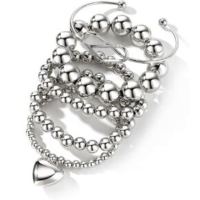 KISS WIFE مجموعة 5 قطع من الأساور الفضية المطرزة للنساء والفتيات، قابلة للتكديس وقابلة للتمدد على شكل قلب مرن وخرز على شكل كرة سلسلة سوار خفيف الوزن وحفلات أعياد الميلاد وعيد الميلاد للنساء هدية مجوهرات عصرية لها in Kuwait