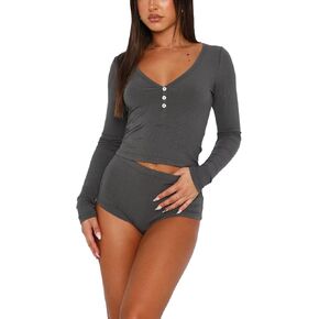 طقم بيجامات نسائي مثير مكون من قطعتين من Zempertoopa Y2K بأكمام طويلة وأزرار وسروال قصير عالي الخصر ملابس للاستلقاء in Kuwait