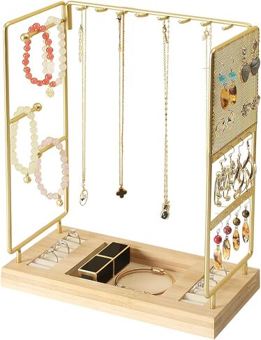 حامل مجوهرات يوليوسكي، حامل عرض المجوهرات، منظم المجوهرات، عرض منظم القرط المعدني، مع حامل حلقة القرط القلادة، فكرة هدية، الخيزران والذهب in Kuwait