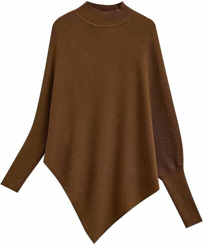 CHICWISH Women Turtleneck Asymmetric Hem Oversized Batwing Sleeve Pullover Sweaters Ribbed Knit Cape Poncho in Saudi Arabia