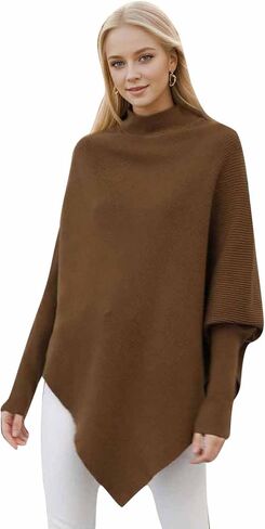 CHICWISH Women Turtleneck Asymmetric Hem Oversized Batwing Sleeve Pullover Sweaters Ribbed Knit Cape Poncho in Saudi Arabia