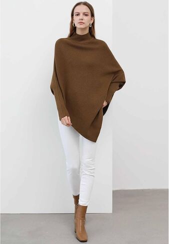 CHICWISH Women Turtleneck Asymmetric Hem Oversized Batwing Sleeve Pullover Sweaters Ribbed Knit Cape Poncho in Saudi Arabia