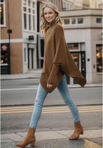 CHICWISH Women Turtleneck Asymmetric Hem Oversized Batwing Sleeve Pullover Sweaters Ribbed Knit Cape Poncho in Saudi Arabia
