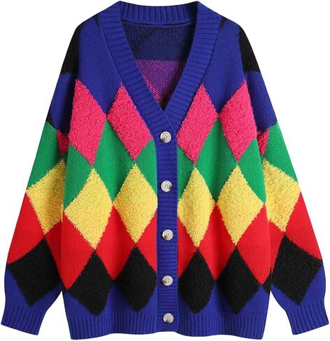 Ckikiou المرأة المتضخم الشتاء بوهو اللون كتلة سترة صوفية منسوجة سترة الخامس الرقبة زر أسفل سترة مكتنزة ملابس خارجية in Kuwait