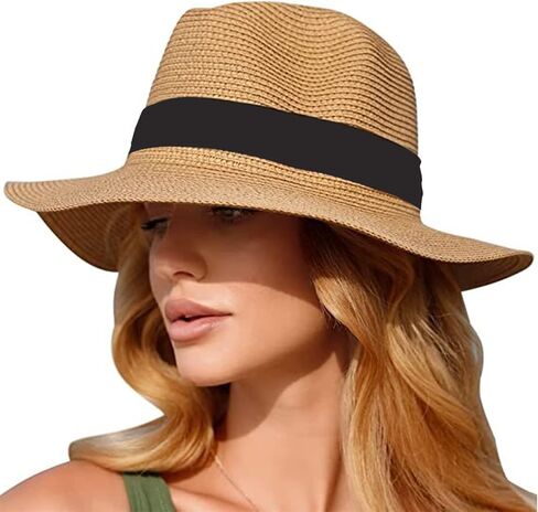 Straw Panama Hat,Sun Straw Fedora Beach Hat Fine Braid UPF50+, Classic Wide Brim Felt Panama Hat for Women in Saudi Arabia
