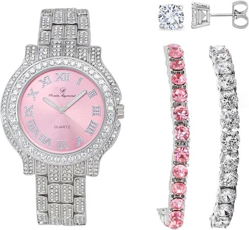 ساعة تشارلز ريموند للنساء مرصعة بالألماس بالكامل وسوار تنس وردي اللون - ST10327LA in Kuwait