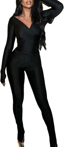 مجموعة سراويل نسائية طويلة من Famnbro مكونة من قطعتين من ملابس النادي المثيرة ورقبة على شكل حرف V وأكمام طويلة مكشكشة in Kuwait