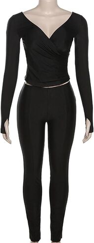 مجموعة سراويل نسائية طويلة من Famnbro مكونة من قطعتين من ملابس النادي المثيرة ورقبة على شكل حرف V وأكمام طويلة مكشكشة in Kuwait