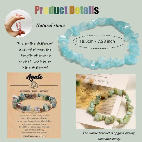 srobenz 12 جهاز كمبيوتر شخصى شفاء بلورات رقاقة الأساور مجموعة للنساء أساور الأحجار الكريمة الطبيعية الملونة الحصى الخرزة أساور غير النظامية رقائق الخرز سوار الريكي تمتد مطرز أساور مجوهرات صناديق الهدايا in Kuwait