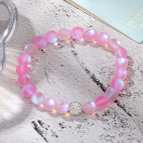 Caiyao Round Mystic Mermaid Colorful Glass Beaded Stretch Bracelet Handmade 8mm Matte Beads Glowing Moonstone Elastic Bracelet Wristband with Love Charm Jewelry for Women Girls in Kuwait