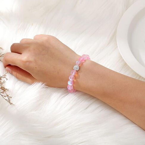 Caiyao Round Mystic Mermaid Colorful Glass Beaded Stretch Bracelet Handmade 8mm Matte Beads Glowing Moonstone Elastic Bracelet Wristband with Love Charm Jewelry for Women Girls in Kuwait