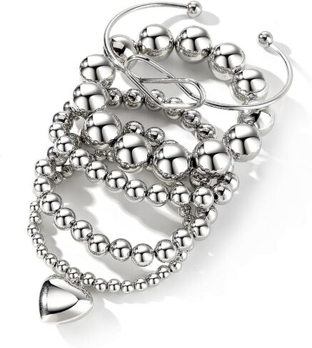 KISS WIFE مجموعة 5 قطع من الأساور الفضية المطرزة للنساء والفتيات، قابلة للتكديس وقابلة للتمدد على شكل قلب مرن وخرز على شكل كرة سلسلة سوار خفيف الوزن وحفلات أعياد الميلاد وعيد الميلاد للنساء هدية مجوهرات عصرية لها in Kuwait