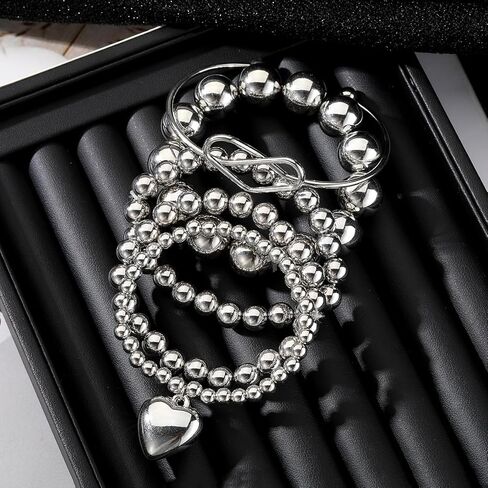 KISS WIFE مجموعة 5 قطع من الأساور الفضية المطرزة للنساء والفتيات، قابلة للتكديس وقابلة للتمدد على شكل قلب مرن وخرز على شكل كرة سلسلة سوار خفيف الوزن وحفلات أعياد الميلاد وعيد الميلاد للنساء هدية مجوهرات عصرية لها in Kuwait