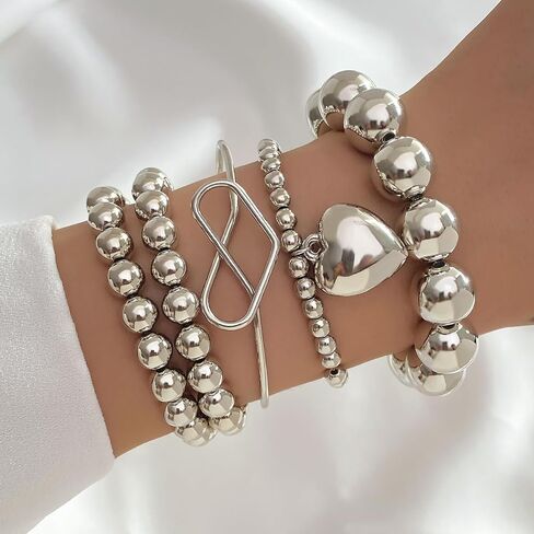 KISS WIFE مجموعة 5 قطع من الأساور الفضية المطرزة للنساء والفتيات، قابلة للتكديس وقابلة للتمدد على شكل قلب مرن وخرز على شكل كرة سلسلة سوار خفيف الوزن وحفلات أعياد الميلاد وعيد الميلاد للنساء هدية مجوهرات عصرية لها in Kuwait