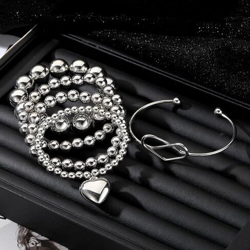 KISS WIFE مجموعة 5 قطع من الأساور الفضية المطرزة للنساء والفتيات، قابلة للتكديس وقابلة للتمدد على شكل قلب مرن وخرز على شكل كرة سلسلة سوار خفيف الوزن وحفلات أعياد الميلاد وعيد الميلاد للنساء هدية مجوهرات عصرية لها in Kuwait