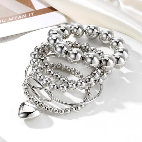 KISS WIFE مجموعة 5 قطع من الأساور الفضية المطرزة للنساء والفتيات، قابلة للتكديس وقابلة للتمدد على شكل قلب مرن وخرز على شكل كرة سلسلة سوار خفيف الوزن وحفلات أعياد الميلاد وعيد الميلاد للنساء هدية مجوهرات عصرية لها in Kuwait